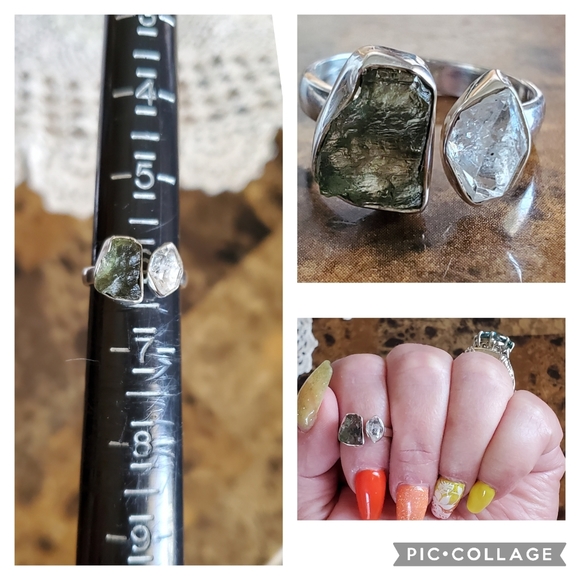 Genuine Czech Moldavite and Herkimer Diamond Ring Size 6 Adjustable - Picture 8 of 8